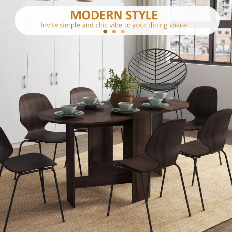 Dark brown oval dining table with drop-leaf design and straight legs, wood-look finish