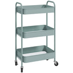 Light blue three-tier steel storage trolley with open shelves and four caster wheels