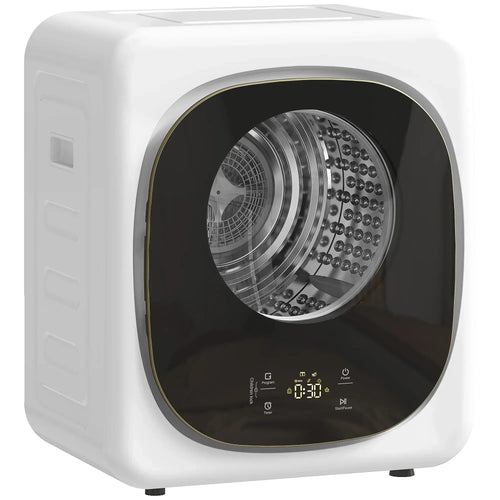 Compact white vented tumble dryer with round glass door and front LED control panel
