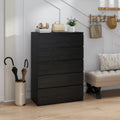 Black 5-drawer dresser cabinet with closed drawers and flat top for decor.