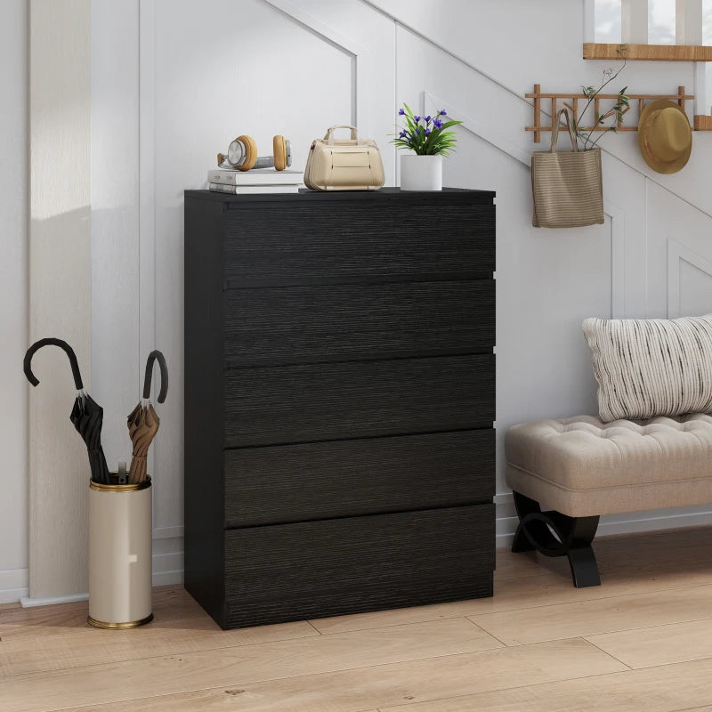 Black 5-drawer dresser cabinet with closed drawers and flat top for decor.