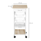White kitchen trolley with wood top, three shelves, and wheels; about 82 cm tall