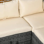 Beige seat cushions with dark grey rattan side panel on an outdoor corner sofa