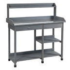 Grey potting workbench table with open shelf, drawer, and slatted lower storage rack