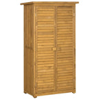 Compact wooden garden storage shed with double shutter doors and vertical paneling, light wood