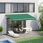 Green manual retractable awning extended over door and window with white support arms