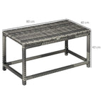 Grey woven rectangular outdoor coffee table with dimensions on top, open lower shelf