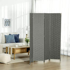 Grey freestanding room divider with 4 woven panels, folded open for privacy