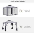 Grey outdoor gazebo with double roof and removable mesh side panels