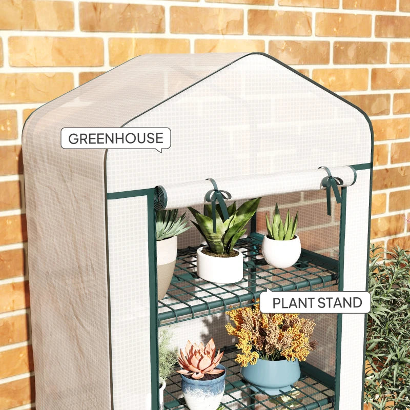White 4-tier mini greenhouse with slanted PE cover and three metal shelf levels