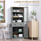 Grey kitchen pantry cupboard with open doors, middle shelves, and lower storage compartments