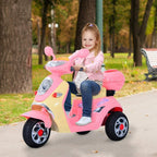 Pink ride-on motorcycle toy with child rider, front headlight and colorful side panels