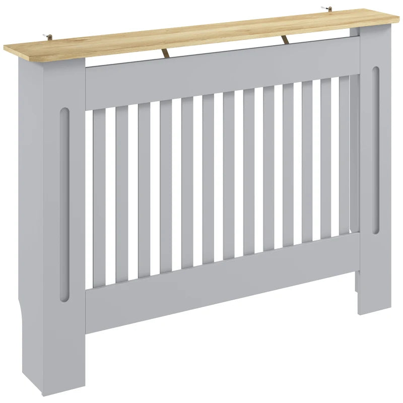 Grey radiator cover cabinet with vertical slat grill and light wood top, side handles