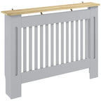 Grey radiator cover cabinet with vertical slat grill and light wood top, side handles