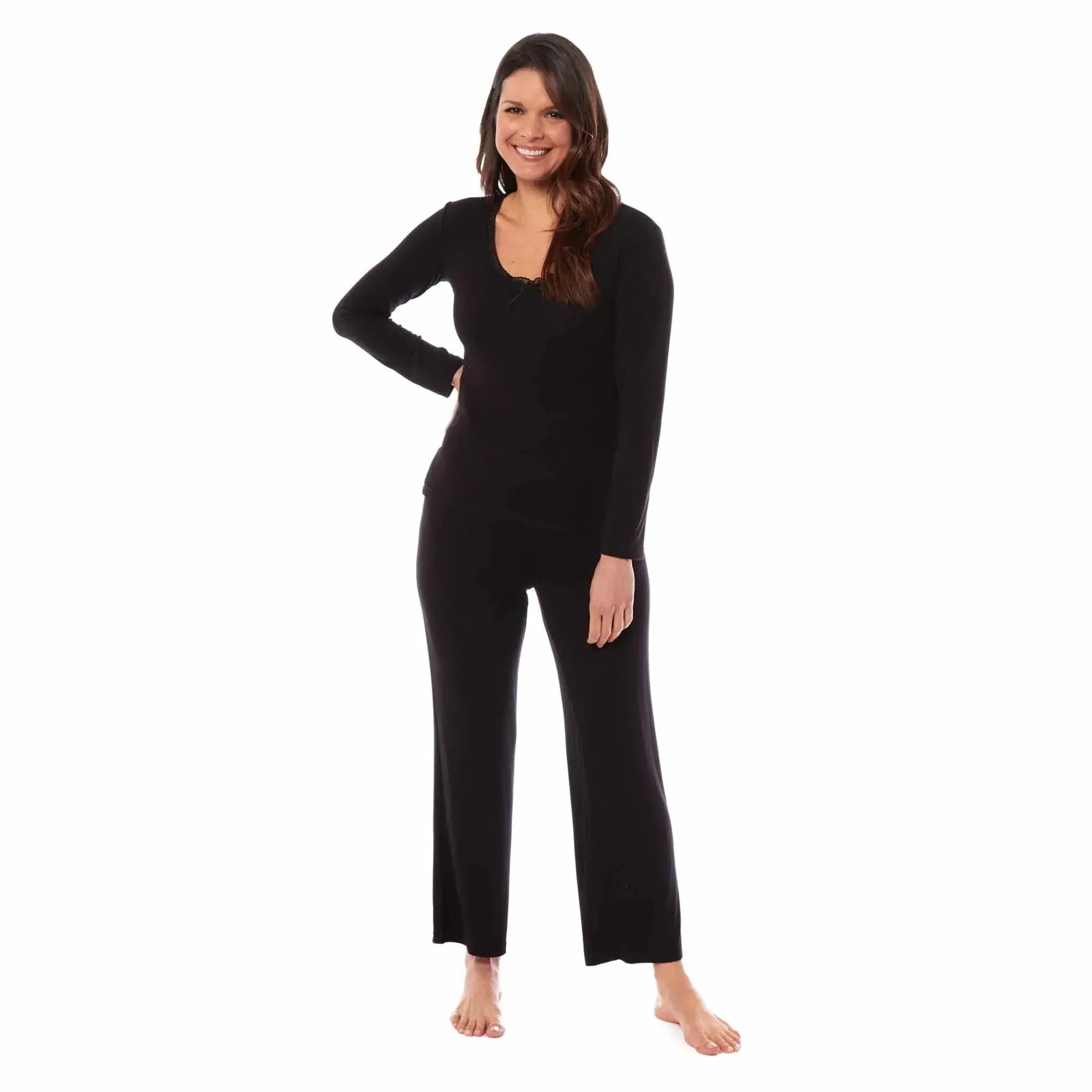 ladies-ultra-soft-long-sleeve-pyjama-set-stretch-fit-black-green-cozy-all-seasons-loungewear-viscose-spandex-women-s-nightwear-uk-sizes-8-22-by-daisy-dreamer-small-uk-8-10-black-pyjam - Bobobiy