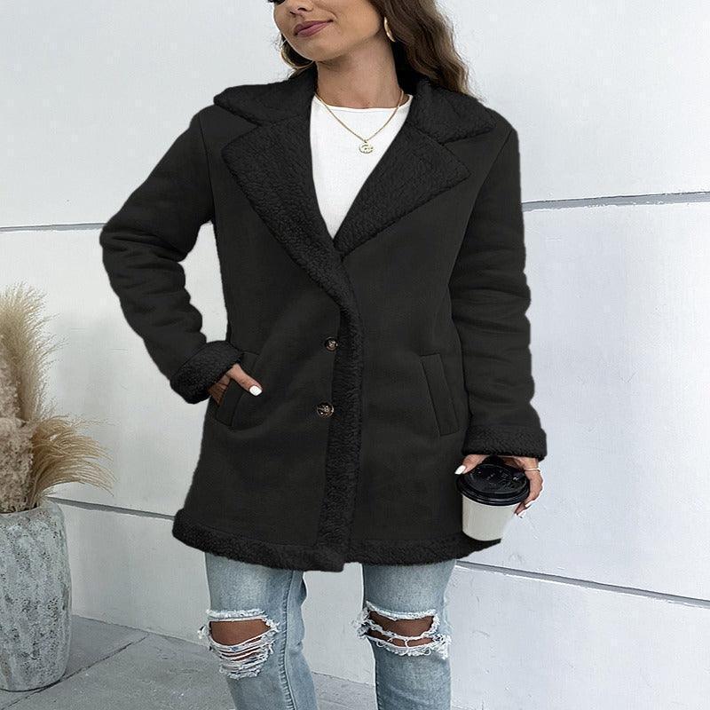 Lapel Suede Elegant Faux Leather Woollen Long Jacket
