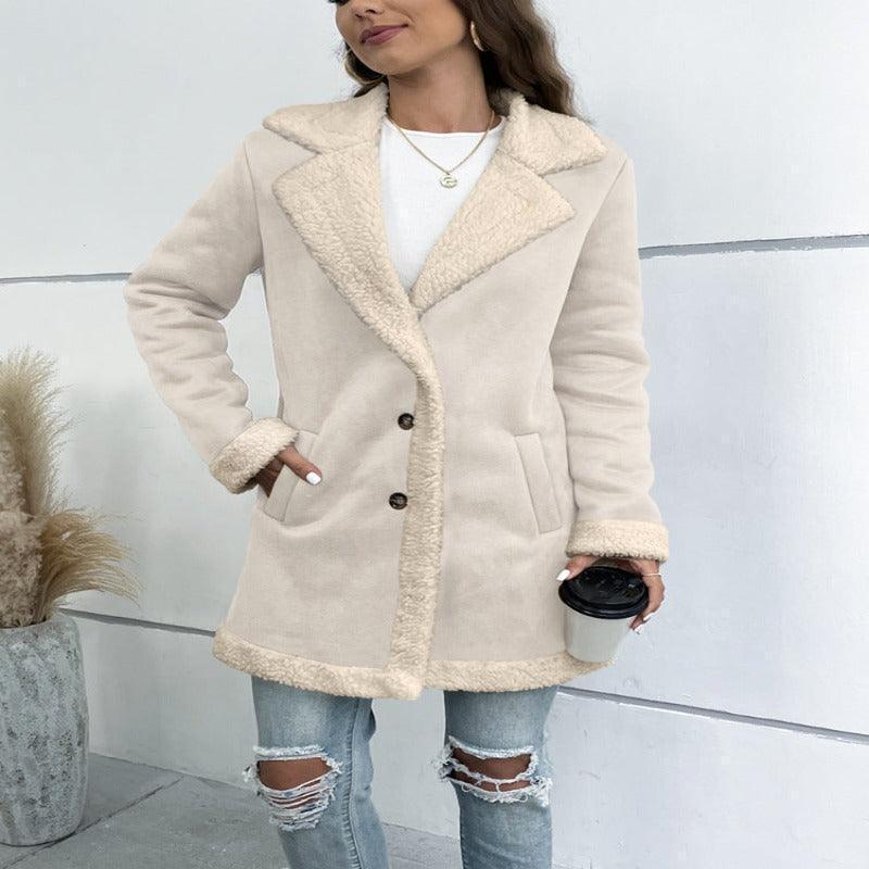 Lapel Suede Elegant Faux Leather Woollen Long Jacket