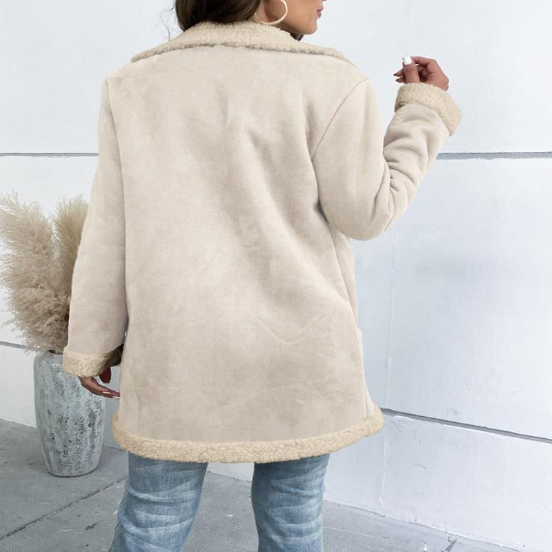 Lapel Suede Elegant Faux Leather Woollen Long Jacket