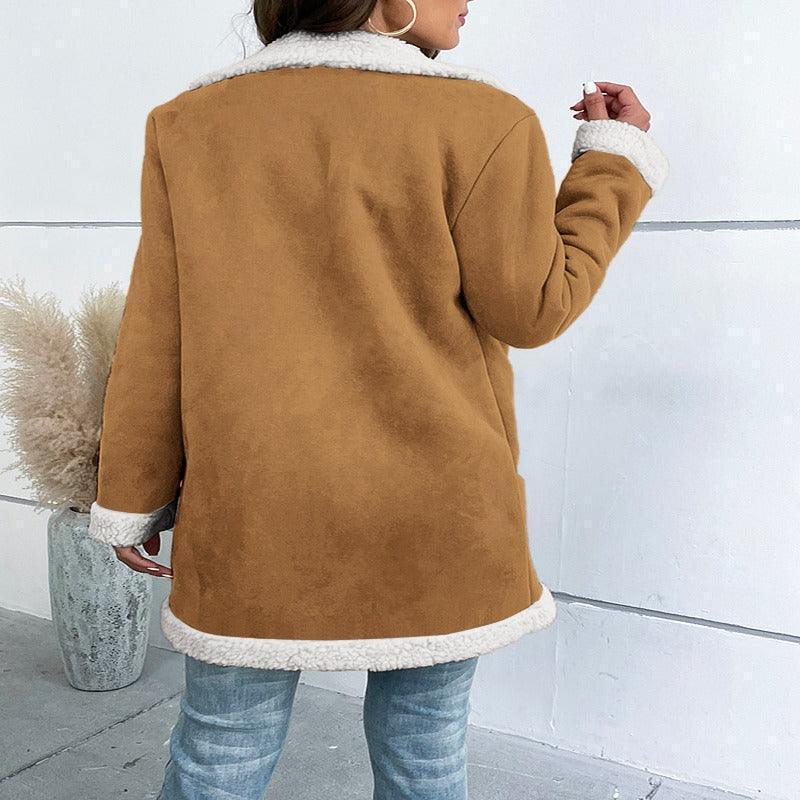 Lapel Suede Elegant Faux Leather Woollen Long Jacket