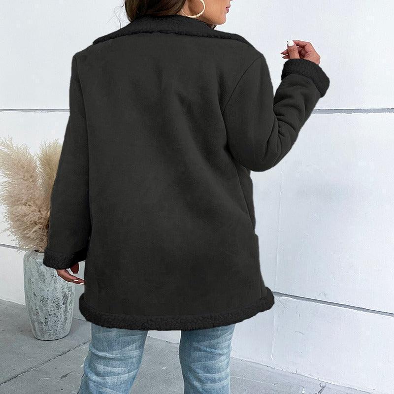 Lapel Suede Elegant Faux Leather Woollen Long Jacket
