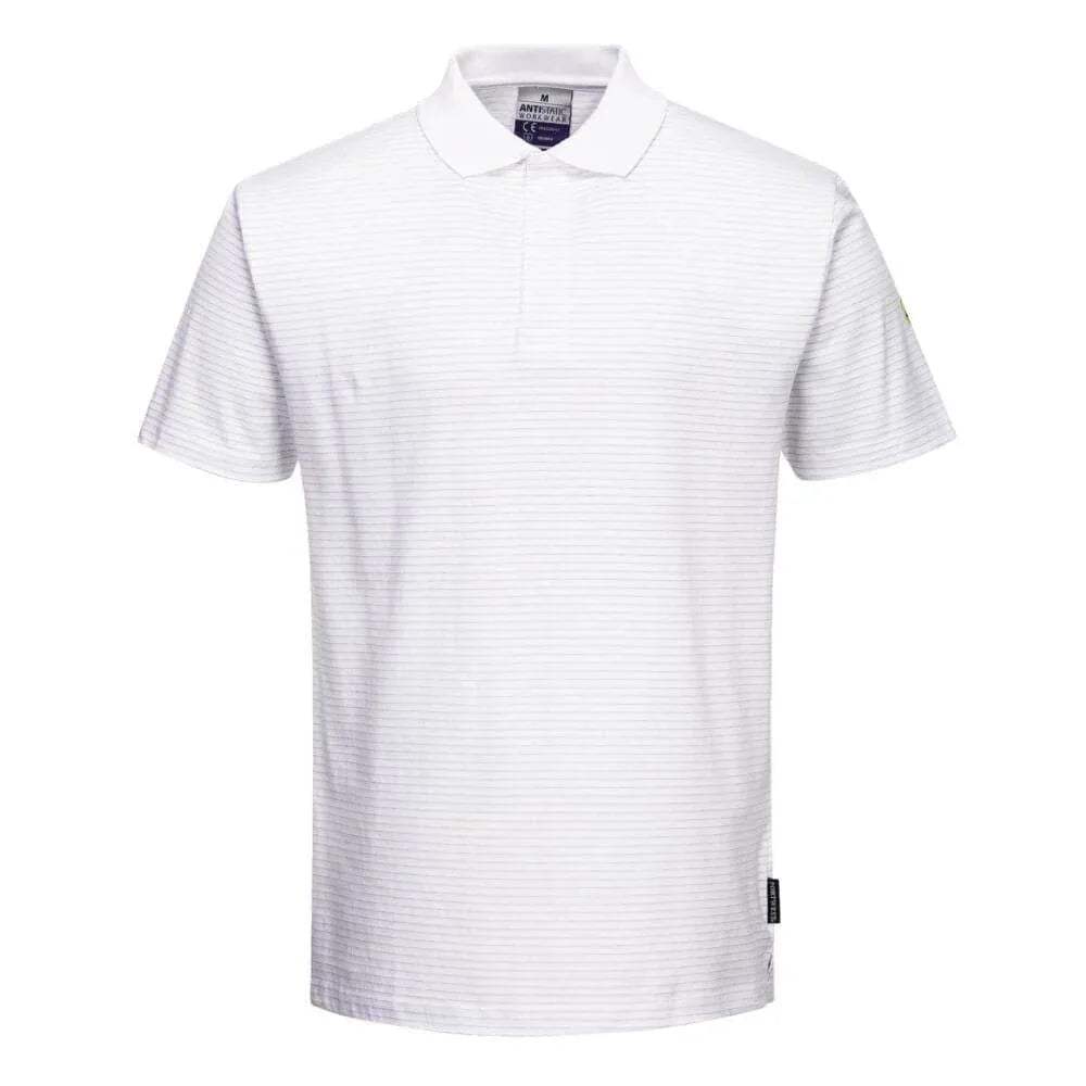 White striped ESD polo shirt with short sleeves, fold-over collar, and two-button placket