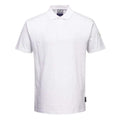 White striped ESD polo shirt with short sleeves, fold-over collar, and two-button placket