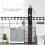 Freestanding tall narrow bathroom cabinet, dark brown with open shelves and three drawers