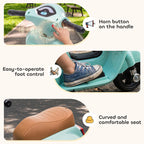 Green kids ride-on motorbike with handlebar horn button, foot control, and brown contoured seat