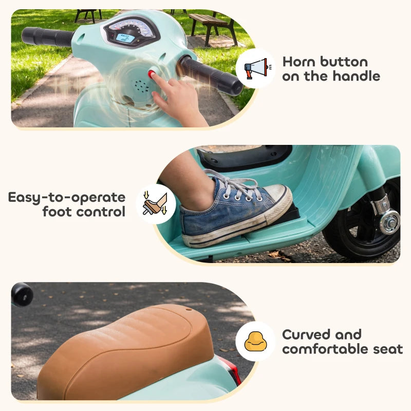 Green kids ride-on motorbike with handlebar horn button, foot control, and brown contoured seat