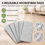 Five gray reusable microfiber mop pads for wet and dry cleaning