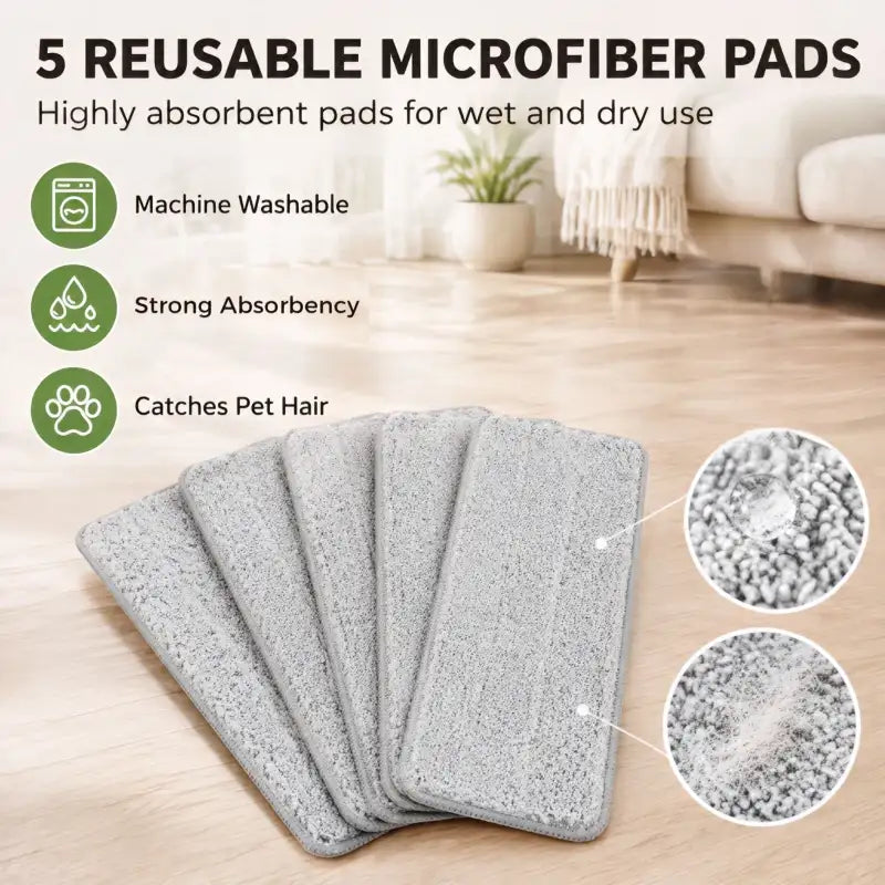 Five gray reusable microfiber mop pads for wet and dry cleaning