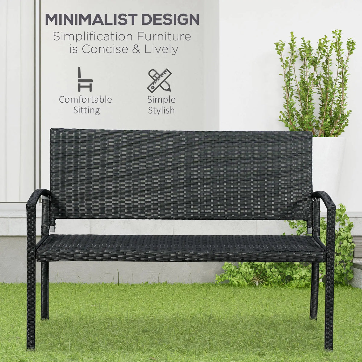 Front view of a black woven two-seat garden bench with curved armrests