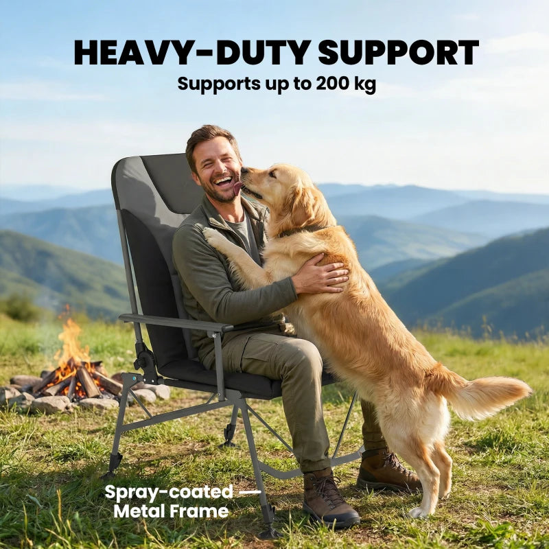 Black padded reclining chair with sturdy metal frame and wide side armrests