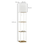 White tall floor lamp with fabric shade and three wood shelves, front view