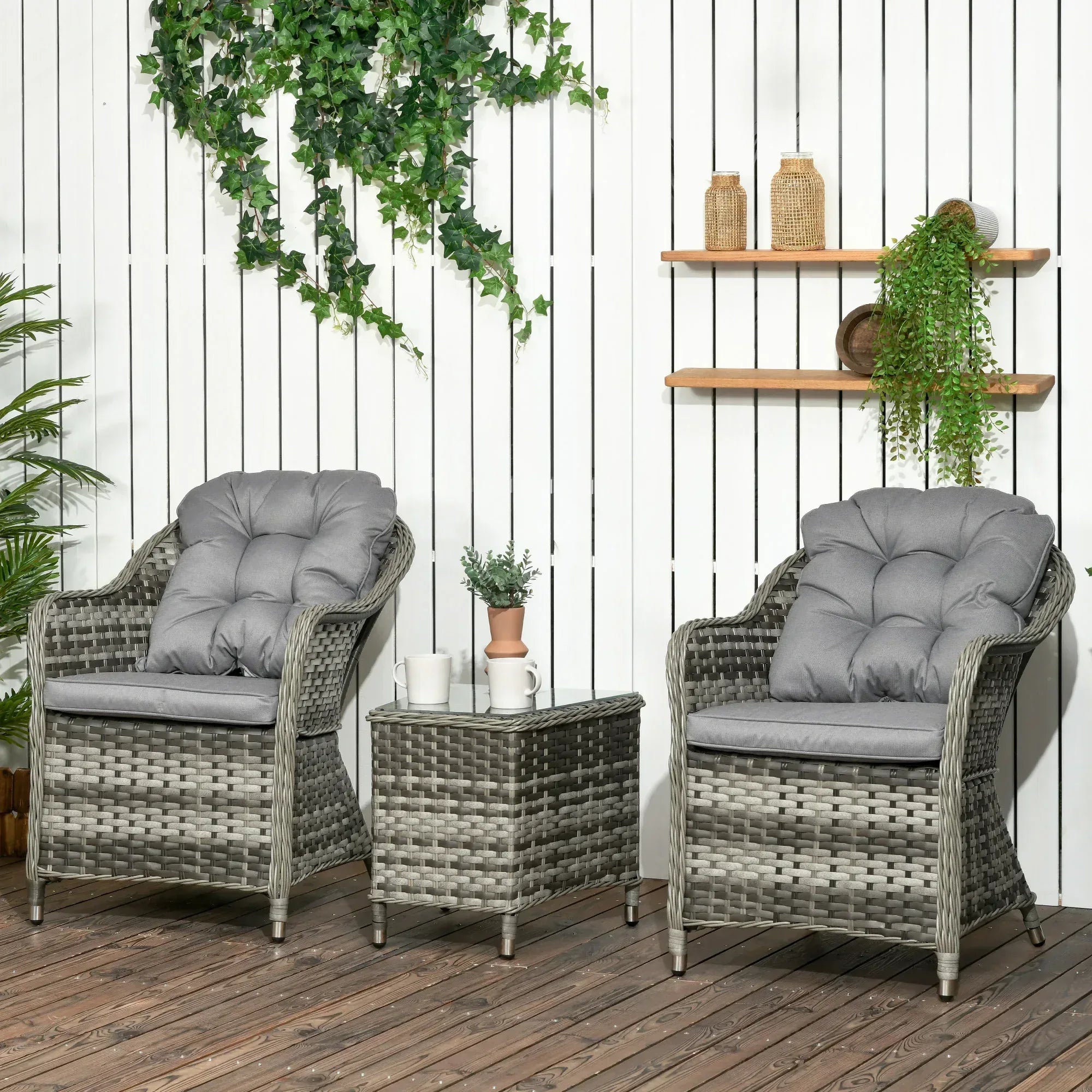 3 Pieces Rattan Bistro Set, Wicker Garden Bistro Set, Glass Top Balcony Table and Chairs with Cushions for Outdoor, Patio, Balcony, Grey - Bobobiy