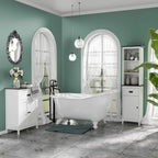 White tall bathroom cabinet with open shelves, drawer, and paneled cabinet door