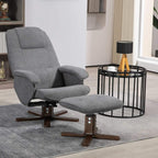 Grey swivel recliner chair with ottoman footrest and dark wooden base.