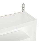 White wall display cabinet top corner bracket and inner ledge detail
