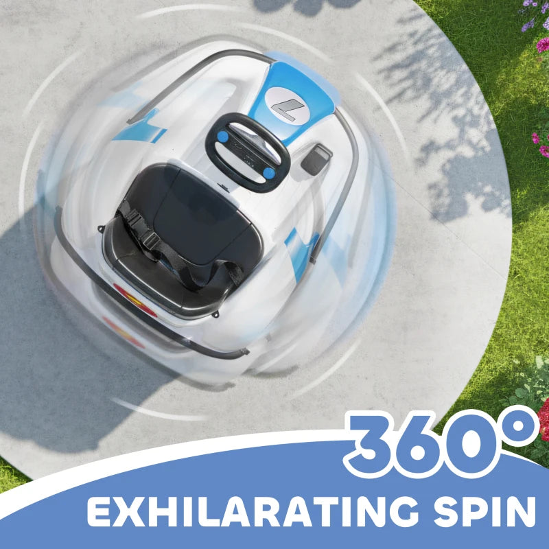 Blue and white bumper car ride-on top view with seat and 360° rotating base