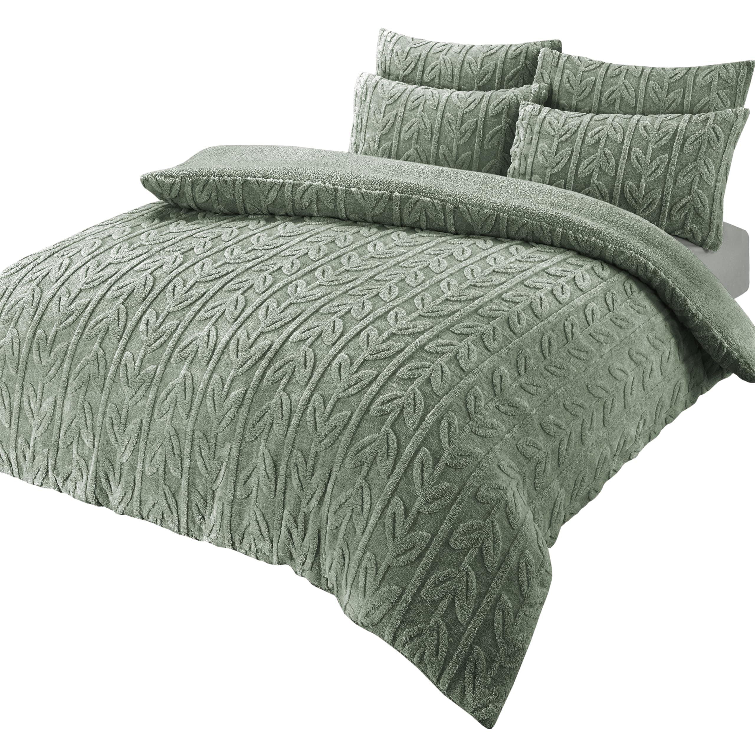 leaf-print-teddy-fleece-duvet-set-with-reversible-sherpa-fleece-ultra-soft-winter-bedding-for-single-double-king-size-beds-by-olivia-rocco-single-sage-green-duvet-cover-949519864 - Bobobiy