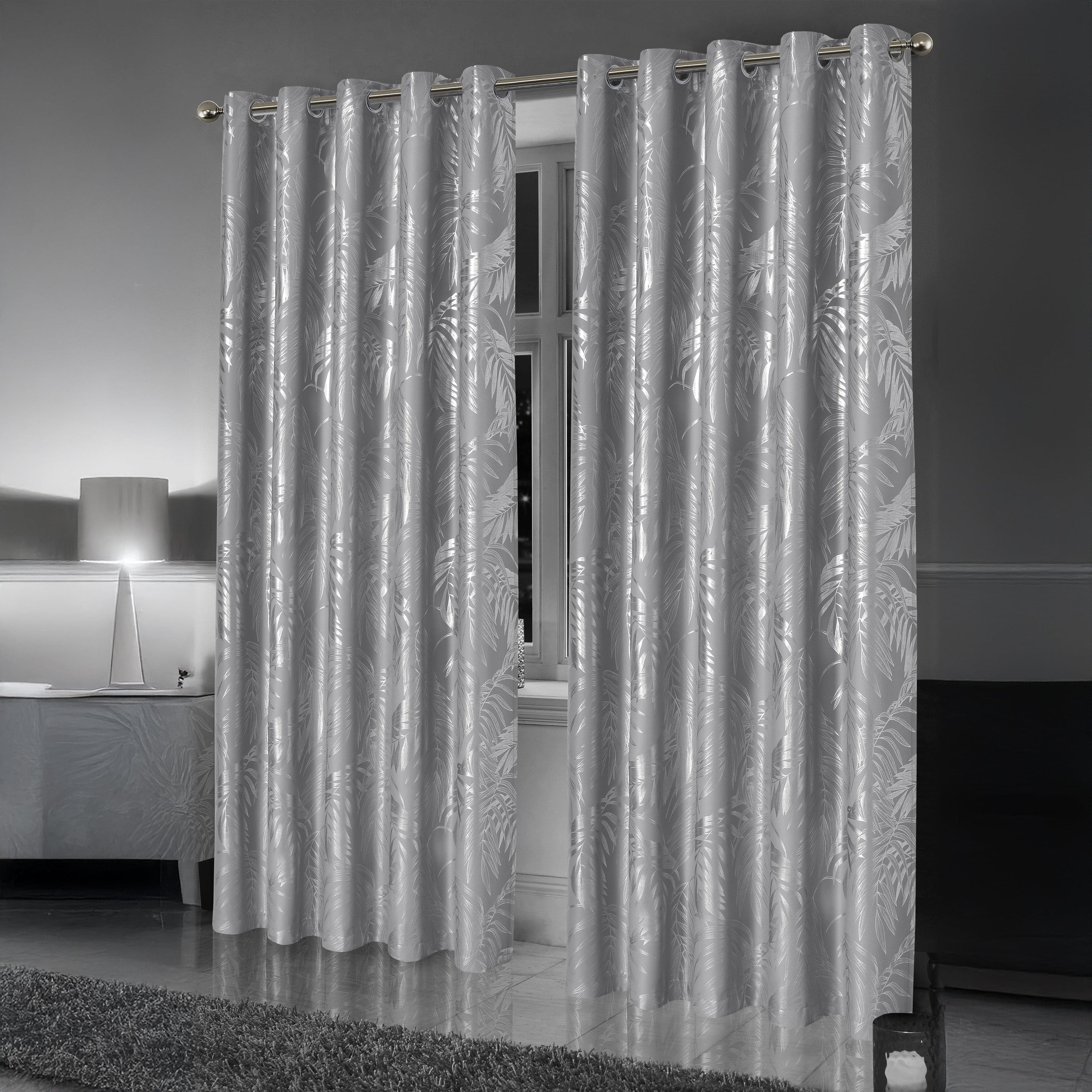 Leaf Silver Sparkle Blackout Curtains Super Soft Thermal Insulated Eyelet Drapes for Living Room & Bedroom 2 Panels