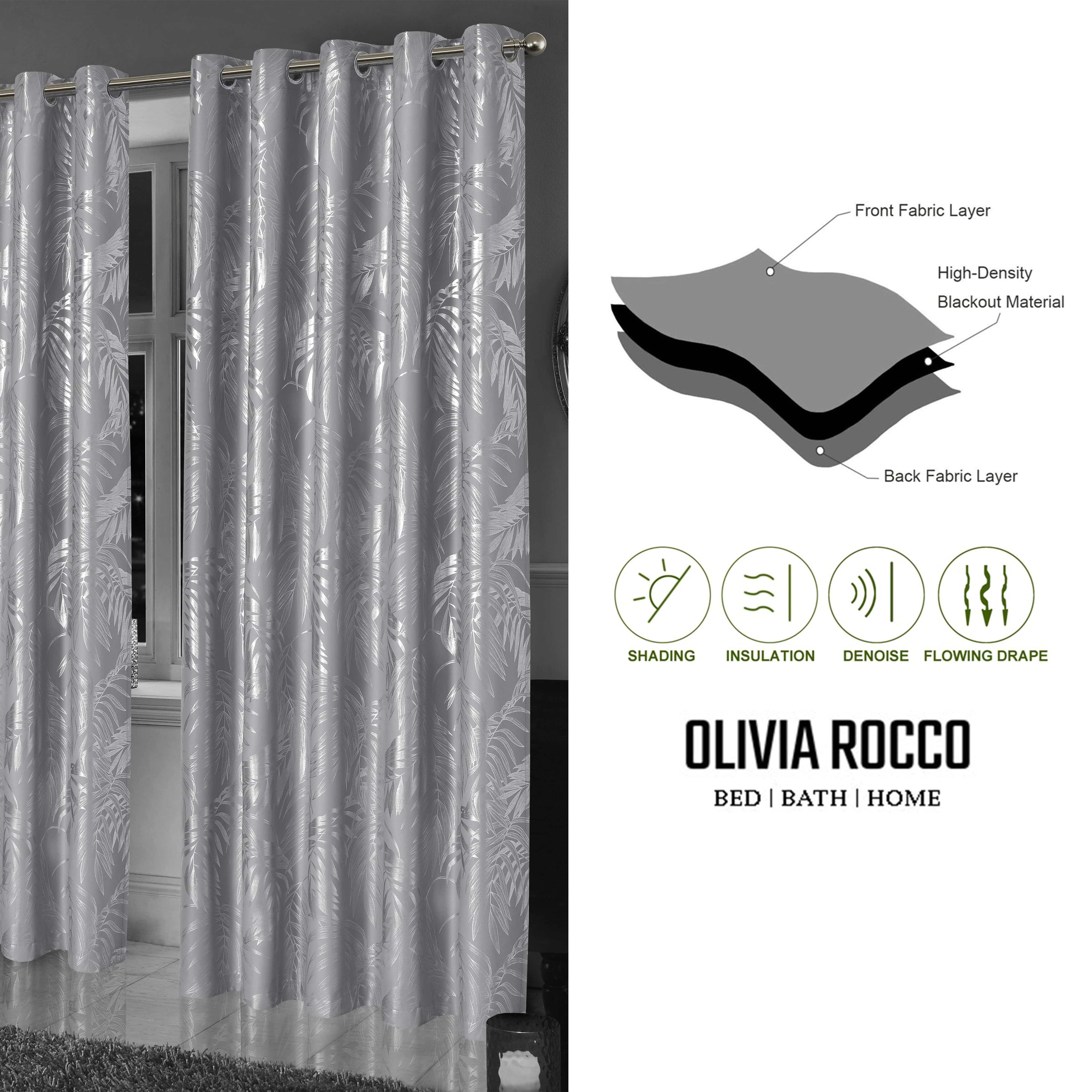 Leaf Silver Sparkle Blackout Curtains Super Soft Thermal Insulated Eyelet Drapes for Living Room & Bedroom 2 Panels