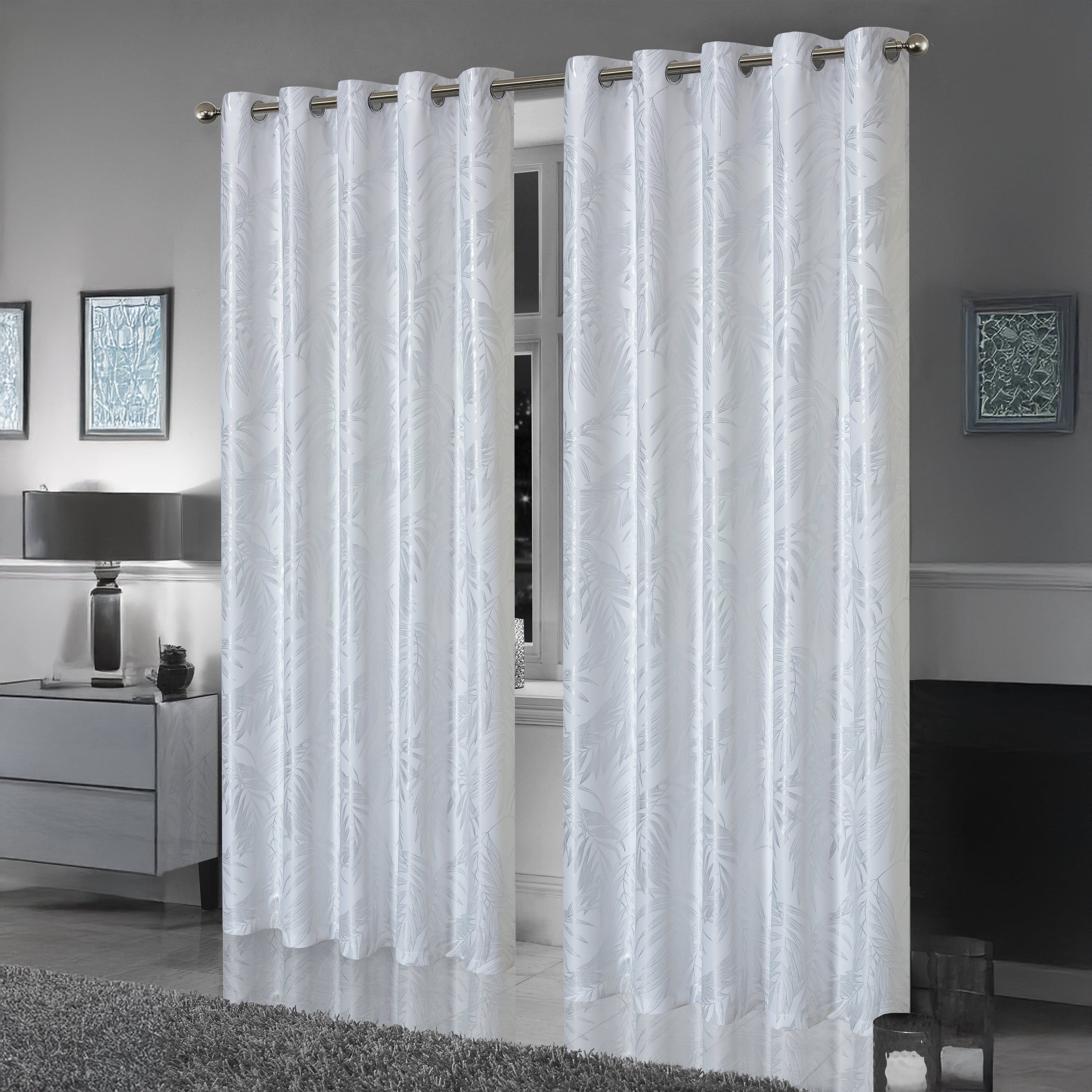 Leaf White Sparkle Blackout Curtains Super Soft Thermal Insulated Eyelet Drapes for Living Room & Bedroom 2 Panels