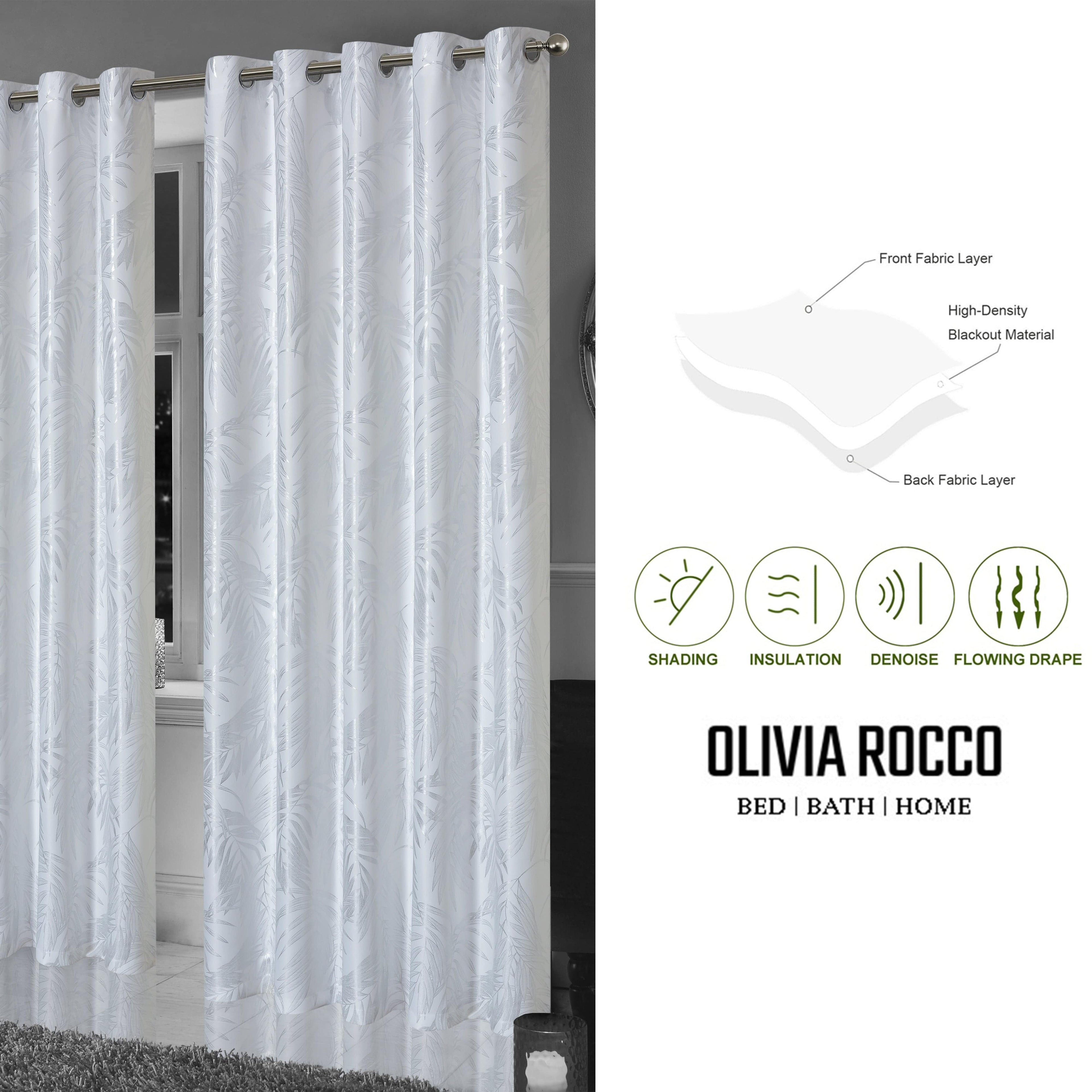 Leaf White Sparkle Blackout Curtains Super Soft Thermal Insulated Eyelet Drapes for Living Room & Bedroom 2 Panels