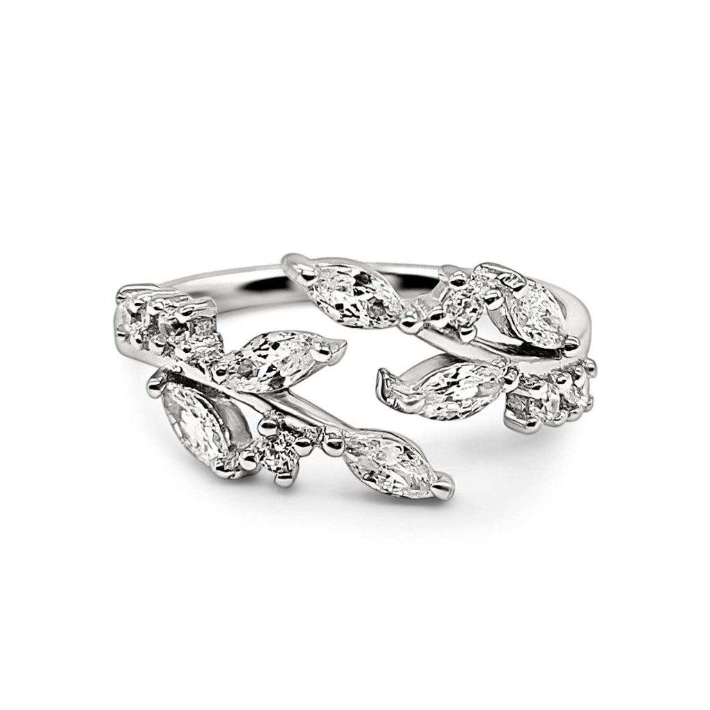 Sterling silver adjustable leaf ring with prong-set marquise stone clusters
