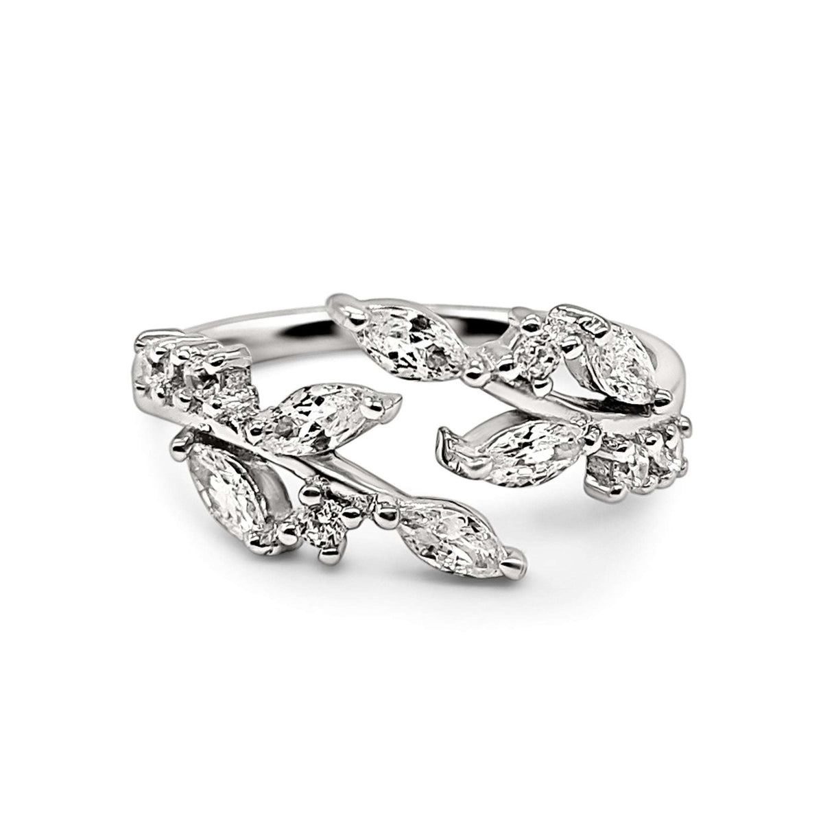Sterling silver adjustable leaf ring with prong-set marquise stone clusters