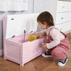 Pink storage toy box bench with child using the open lid compartment