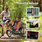 Red baby bike trailer with safety flag, reflectors, and brake control bar