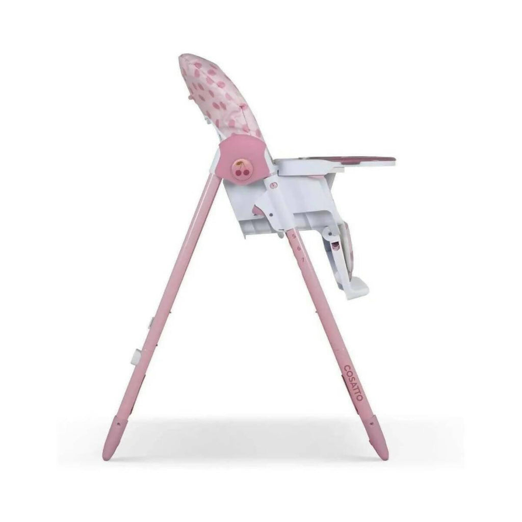 Pink-framed infant highchair with cherry pattern backrest and white safety tray