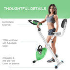 Exercise bike with comfort backrest, adjustable foot pedals, and green flywheel